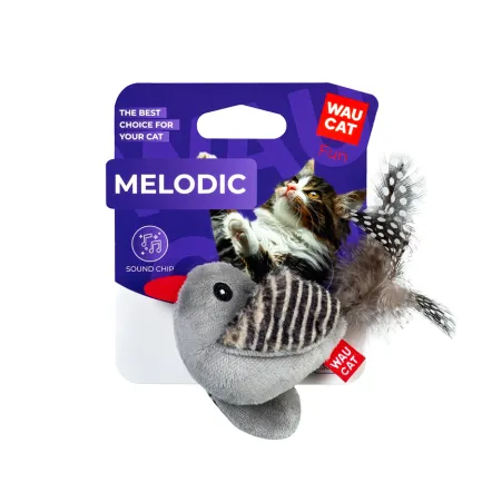 Іграшка для котів WAUCAT Fun Melodic Пташка зі звуковим чипом, штучне хутро, плюш, перо, 130 мм — Фото 1