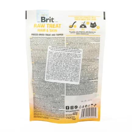 Ласощі для котів Brit Raw Treat Hair &amp; Skin Freeze-dried з рибою та індичкою, 40 г — Фото 1