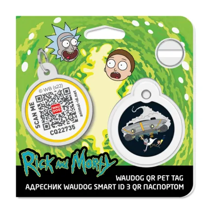 Адресник для собак і котів металевий WAUDOG Smart ID з QR паспортом, малюнок "Рік та Морті 1", коло, Д 30 мм — Фото 3