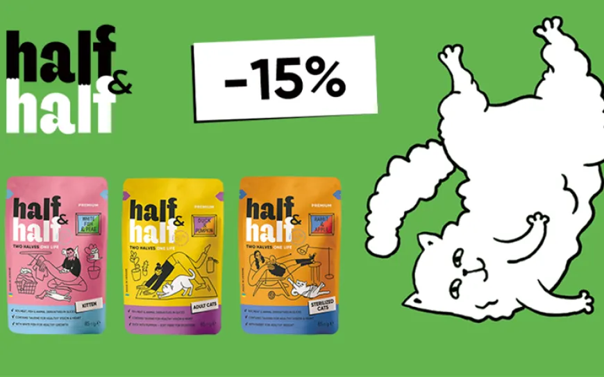 Спеціальна пропозиція від Half&Half: придбайте вологий корм для ваших котиків за вигідною ціною зі знижкою 15%.